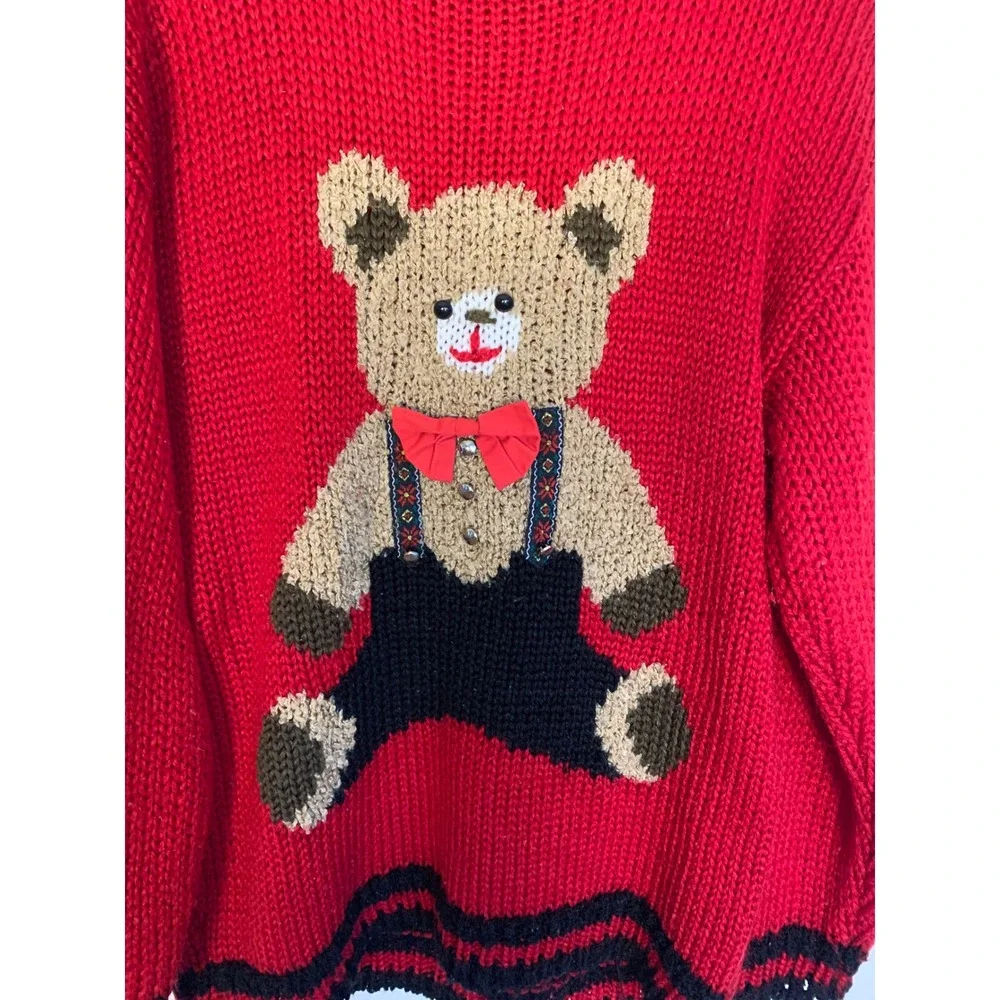Vintage 1980s Teddy Bear Knit Sweater Hand Knit Red Black Novelty Pullover XL 18 - Picture 2 of 16